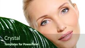  Presentation with beautiful skin - Theme consisting of beautiful face of young woman with clear fresh skin and green plant near her cheek background and a forest green colored foreground