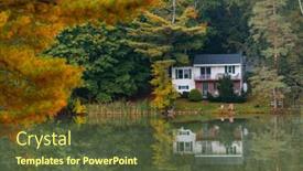  Presentation with fall lake - Colorful presentation theme enhanced with beautiful-fall-colors-with-house backdrop and a tawny brown colored foreground