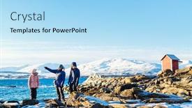  Presentation with winter family - Theme enhanced with beautiful family of father and kids enjoying snowy winter day outdoors at beach surrounded by fjords in northern norway background and a light blue colored foreground