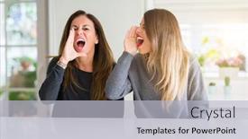  Presentation with family communication - PPT layouts with beautiful family of mother and daughter together at home shouting and screaming loud to side with hand on mouth communication concept background and a light gray colored foreground