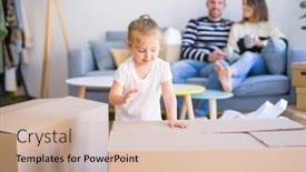  Presentation with new home - Beautiful presentation design featuring beautiful-family-parents-sitting backdrop and a soft green colored foreground