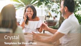  Presentation with family talking - Beautiful PPT layouts featuring beautiful family sitting on terrace drinking cup of coffee talking on the smartphone and smiling backdrop and a coral colored foreground