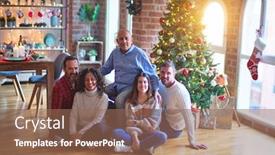  Presentation with family tree - Presentation enhanced with beautiful family smiling happy and confident sitting on the floor and posing with tree celebrating christmas at home background and a coral colored foreground