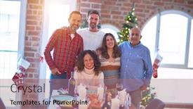  Presentation with family tree - Beautiful PPT theme featuring beautiful family smiling happy and confident standing and posing with tree celebrating christmas at home backdrop and a coral colored foreground