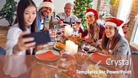  Presentation with meeting family - Presentation featuring beautiful family wearing santa claus hat meeting smiling happy and confident eating roasted turkey make selfie by smartphone celebrating christmas at home background and a red colored foreground