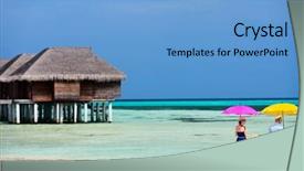  Presentation with tiki colorful beverage umbrellas - Presentation having beautiful family with colorful umbrellas at tropical beach on summer vacation background and a light blue colored foreground