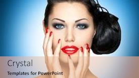  Presentation with nails - Presentation theme consisting of beautiful fashion woman with red nails over blue background background and a coral colored foreground