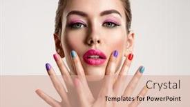  Presentation with nails manicure - Cool new presentation with beautiful fashion woman with a colored nails attractive white girl with multicolor manicure glamour fashion model with bright gloss make-up posing at studio stylish fashionable concept art backdrop and a coral colored foreground