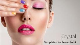  Presentation with nails manicure - Presentation theme enhanced with beautiful fashion woman with a colored nails attractive white girl with multicolor manicure glamour fashion model with bright gloss make-up posing at studio stylish fashionable concept art background and a lemonade colored foreground