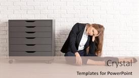  Presentation with white brick wall - Cool new PPT theme with beautiful fashionable woman in elegant suit sitting on floor against white brick wall backdrop and a soft green colored foreground