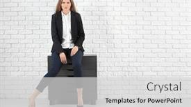 Presentation with white brick - Presentation theme consisting of beautiful fashionable woman in elegant suit sitting on chest of drawers against white brick wall background and a light gray colored foreground
