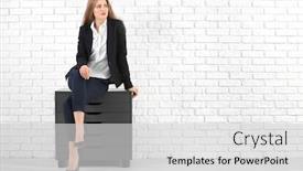  Presentation with white brick - Slides featuring beautiful fashionable woman in elegant suit sitting on chest of drawers against white brick wall background and a light gray colored foreground