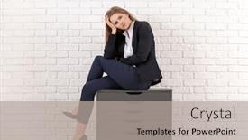  Presentation with white brick wall - Presentation theme having beautiful fashionable woman in elegant suit sitting on chest of drawers against white brick wall background and a light gray colored foreground