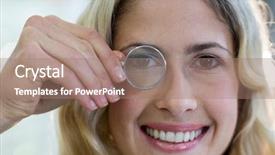  Presentation with optical - PPT theme having beautiful female customer looking through magnifying glass in optical store background and a coral colored foreground