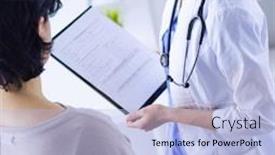  Presentation with medical - Beautiful PPT theme featuring beautiful-female-doctor-explaining-medical backdrop and a light blue colored foreground