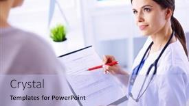  Presentation with treatment - PPT theme featuring beautiful-female-doctor-explaining-medical background and a  colored foreground