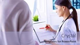  Presentation with treatment - Presentation design having beautiful-female-doctor-explaining-medical background and a  colored foreground