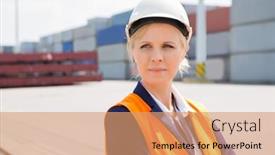  Presentation with shipping - PPT layouts having beautiful female engineer looking away in shipping yard background and a coral colored foreground