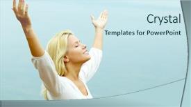  Presentation with closed - Amazing PPT theme having beautiful female enjoying life backdrop and a sky blue colored foreground