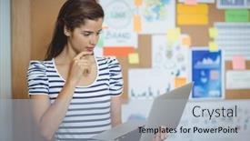  Presentation with executive - Presentation design with beautiful-female-executive-using-laptop background and a light blue colored foreground