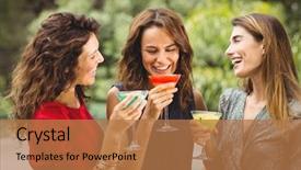  Presentation with cocktail party - PPT theme consisting of beautiful-female-friends-laughing background and a coral colored foreground