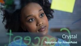  Presentation with looking glass - PPT theme featuring beautiful-female-graphic-designer-looking background and a ocean colored foreground