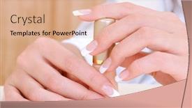  Presentation with enamel - PPT theme having beautiful female hands with beauty french manicure holding bottle enamel background and a coral colored foreground