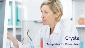  Presentation with tests - Colorful PPT layouts enhanced with beautiful female lab worker analyzing tests backdrop and a sky blue colored foreground