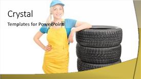  Presentation with female mechanic - PPT layouts consisting of beautiful female mechanic in a yellow uniform and a blue cap standing next to a stack of tires isolated on white background background and a pink colored foreground