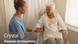  Presentation with physician - Colorful PPT theme enhanced with beautiful-female-physician-consoling-senior backdrop and a violet colored foreground