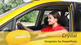  Presentation with taxi - Presentation having beautiful female taxi driver sitting in car background and a yellow colored foreground