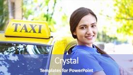  Presentation with taxi - Beautiful slides featuring beautiful female taxi driver standing near car backdrop and a cobalt blue colored foreground