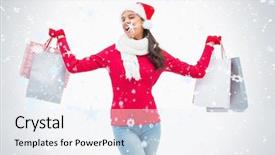  Presentation with falling snow - Slides with beautiful festive woman holding shopping bags against snow falling background and a sky blue colored foreground