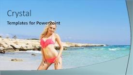  Presentation with pink sky - Cool new theme with beautiful fit and sexy girl in pink swimsuit posing on a beach at summer sea and sky background backdrop and a light blue colored foreground