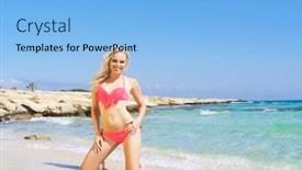  Presentation with pink sky - PPT layouts having beautiful fit and sexy girl in pink swimsuit posing on a beach at summer sea and sky background background and a light blue colored foreground
