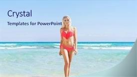  Presentation with pink sky - Amazing PPT theme having beautiful fit and sexy girl in pink swimsuit posing on a beach at summer sea and sky background backdrop and a light blue colored foreground