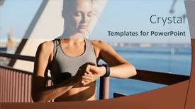  Presentation with smartwatch - Cool new slides with beautiful fit young sportsgirl resting after jogging while standing on a balcony outdoors checking smartwatch backdrop and a light blue colored foreground