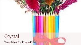  Presentation with flowers vase - Beautiful PPT theme featuring beautiful flowers in colorful pencils vase isolated on white backdrop and a sky blue colored foreground