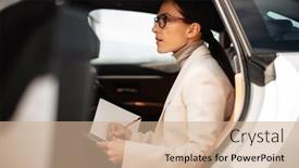  Presentation with writing notes - Slide deck having beautiful-focused-businesswoman-writing-down background and a coral colored foreground