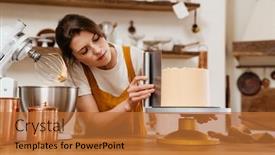  Presentation with pastry cream - Beautiful PPT layouts featuring beautiful-focused-pastry-chef-woman backdrop and a red colored foreground