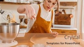  Presentation with pastry chef - PPT theme having beautiful-focused-pastry-chef-woman background and a coral colored foreground