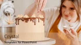  Presentation with pastry chef - PPT theme with beautiful-focused-pastry-chef-woman background and a coral colored foreground