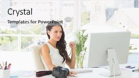  Presentation with woman office desk - Cool new PPT theme with beautiful focused photographer working backdrop and a white colored foreground