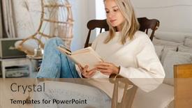  Presentation with book - PPT layouts with beautiful-focused-woman-reading-book and a coral colored foreground