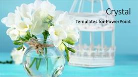  Presentation with rustic wood and flowers - Presentation theme with beautiful freesia flowers on blue background and a light blue colored foreground