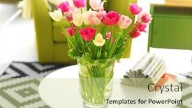  Presentation with round table - PPT theme featuring beautiful fresh tulips on round table background and a soft green colored foreground