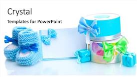  Presentation with baby shower gifts - Audience pleasing presentation theme consisting of baby's bootees blank postcard backdrop and a white colored foreground