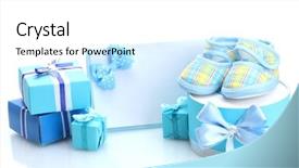  Presentation with gifts - Theme featuring beautiful gifts baby's bootees background and a white colored foreground