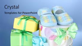  Presentation with baby congratulation boy blue - PPT theme featuring beautiful gifts and baby's background and a light blue colored foreground