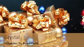  Presentation with packaging - Colorful slides enhanced with beautiful gifts in gold packaging and christmas balls on blue background backdrop and a yellow colored foreground